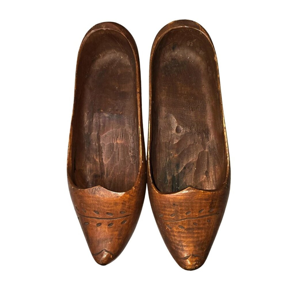 Vintage Hand-Carved Wooden Clogs Decorative Etching Decor Dutch French Decor